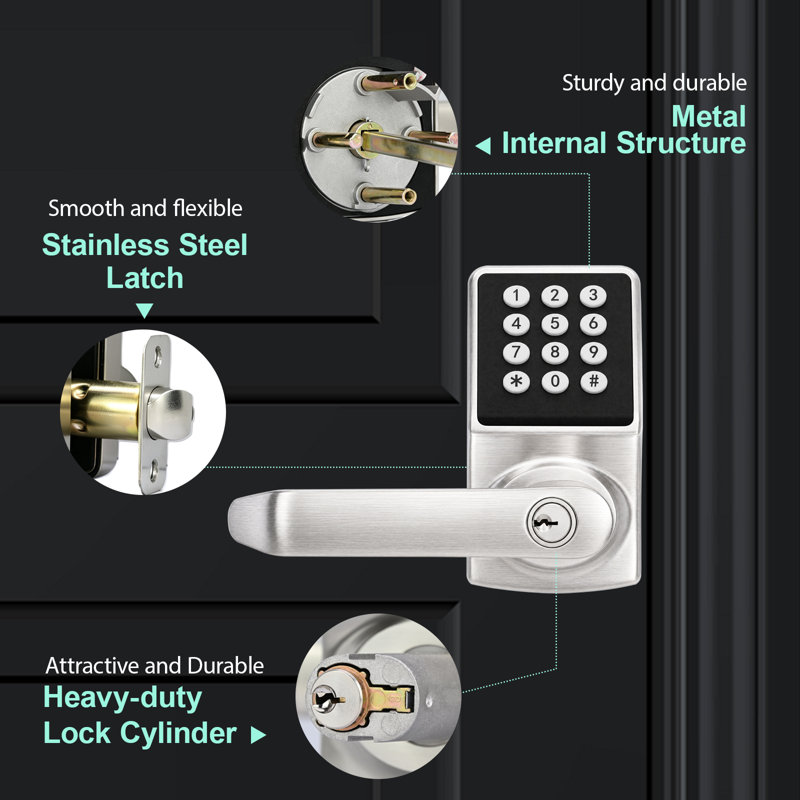 Serrure de porte électronique avec poignée de porte Cielsa Dawn, serrure de porte à clavier avec poignée, serrures intelligentes pour porte d'entrée sans clé avec code-Fob-Key (nickel brossé, 1 paquet)