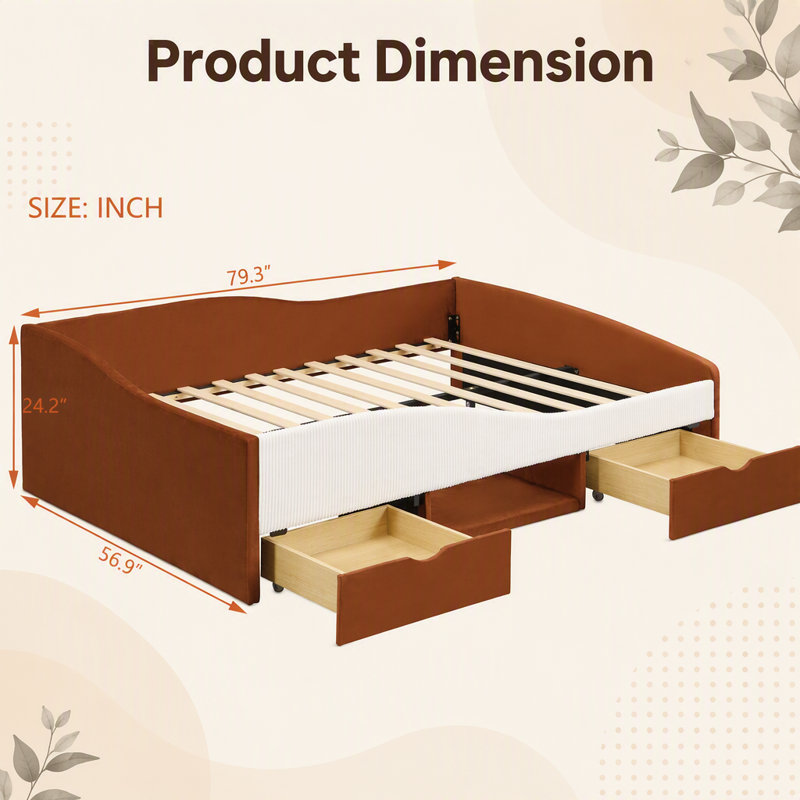 Upholstered Daybed Frame with 2 Storage Drawers