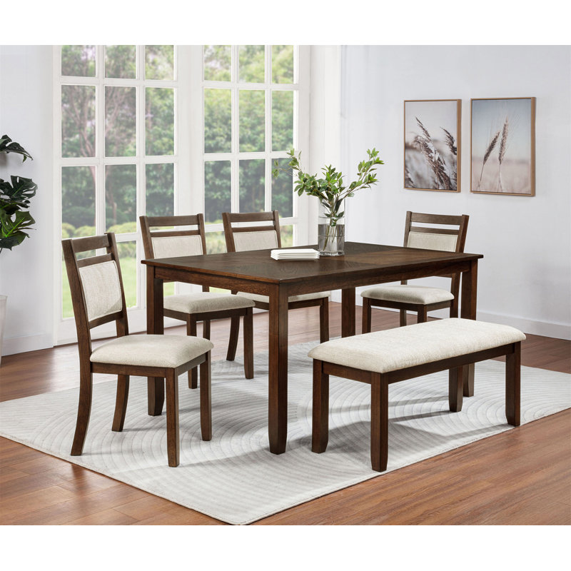 1Pc Rich Wood Finish Beige Fabric Upholstered Bench Wooden Dining Room Furniture