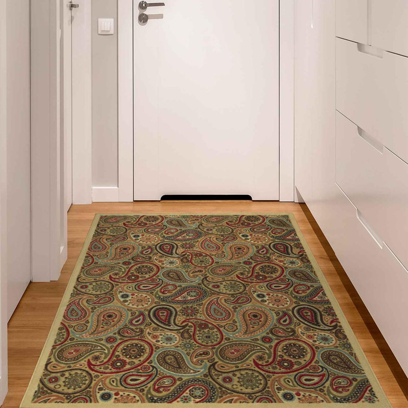 Paisley Design Beige and Red Non-Slip Washable Area Rug
