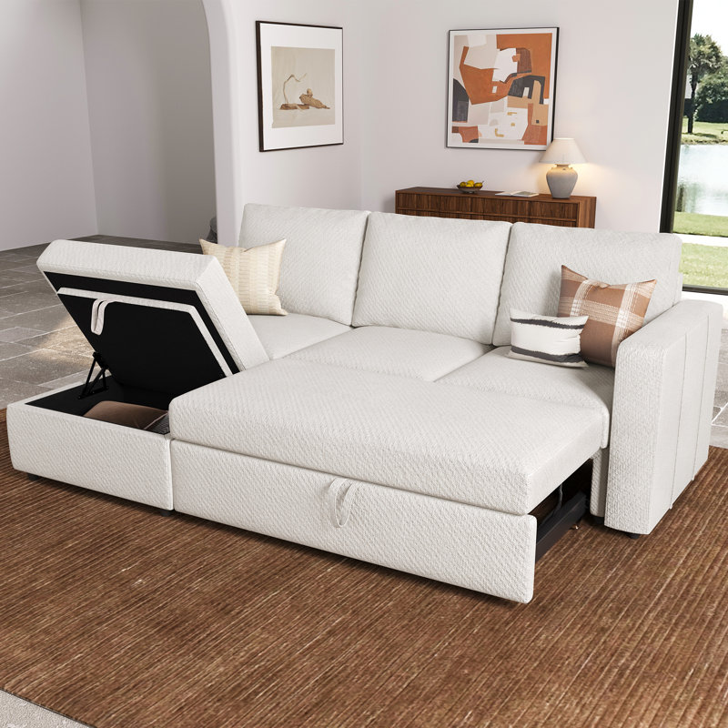 Canapé-lit modulaire en L avec rangement Rafael, Chenille beige