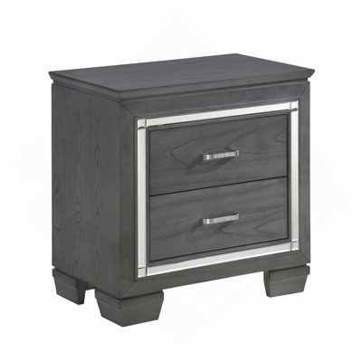 Table de chevet style 1pc avec 2 tiroirs et éclairage à DEL avec faux cristaux et poignées de bar au fini gris