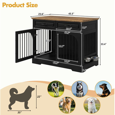 Meuble pour chien de ferme 43,3 po, chenil en bois avec 2 tiroirs de rangement et bols rotatifs, cage de bar en métal sécurisée pour grands et moyens chiens, table d'appoint pour cage de chien d'intérieur, noir et brun