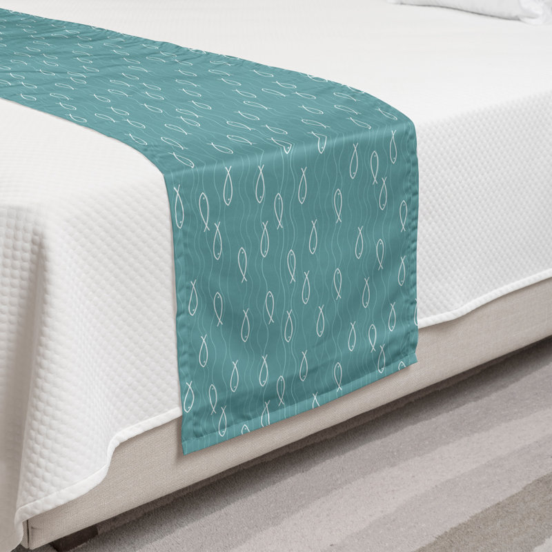 Twin White and Pale Teal Polyester Satin Bed Runner