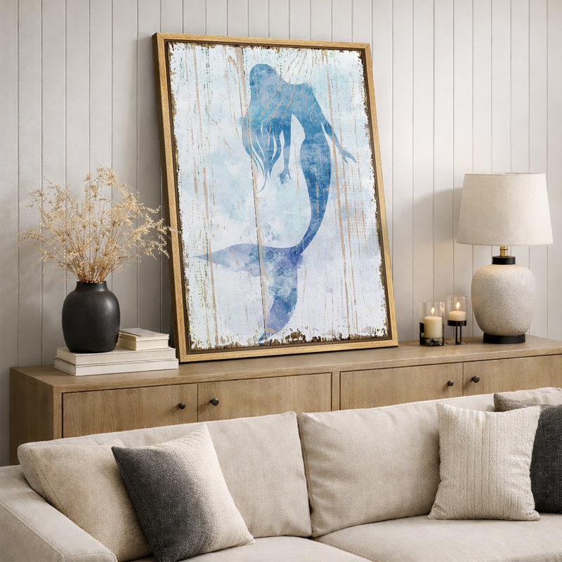 Sirène «sirène bleue sur panneau de bois effet d'art, photos de salle de bain de plage côtière nautique, grande impression sur toile encadrée,»
