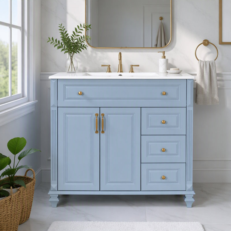 Meuble-lavabo de 91 cm (36 po) avec lavabo et tiroir rabattable, Bleu gris