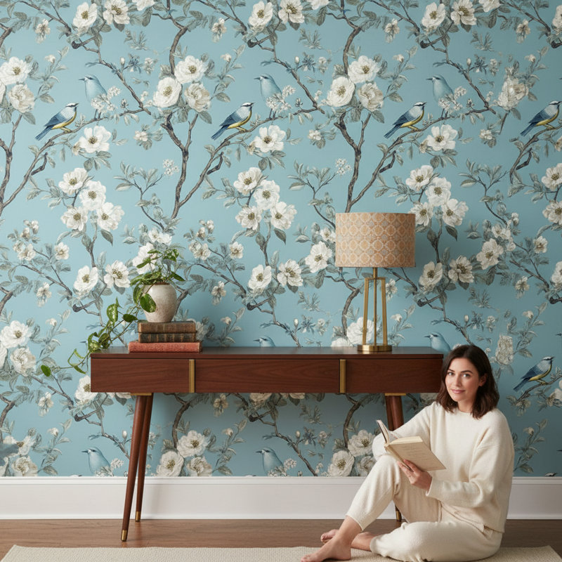 Papier peint floral oiseaux rétro