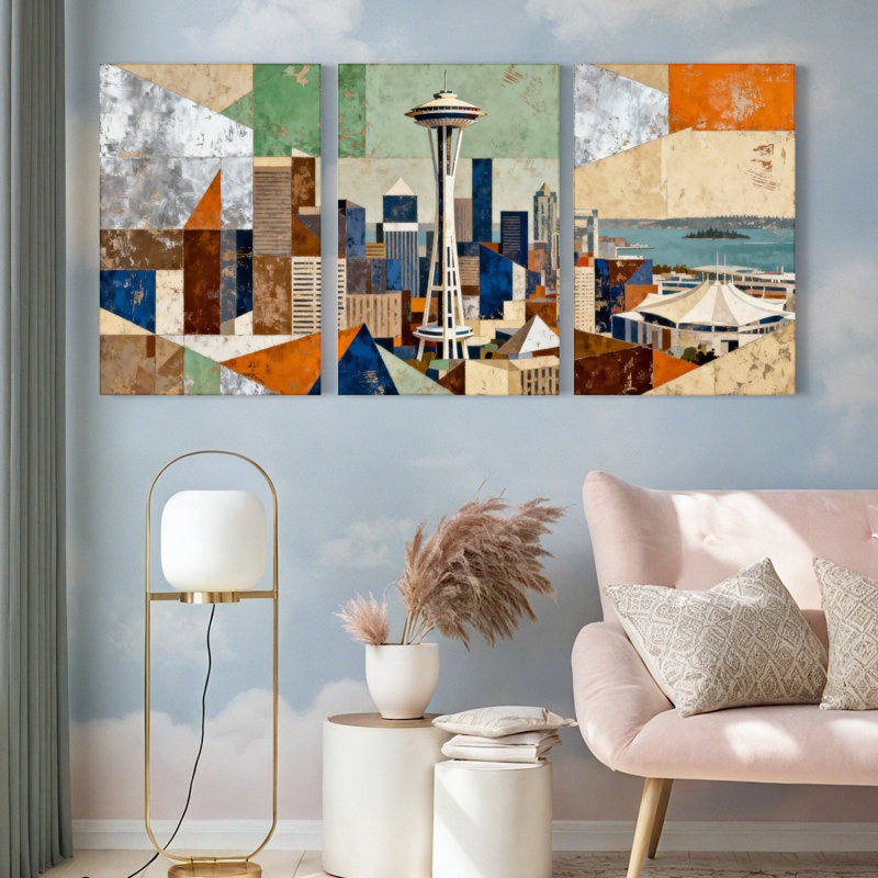 Abstrait, horizon de Seattle, art mural sur toile, impression de paysage urbain géométrique (ensemble de 3)