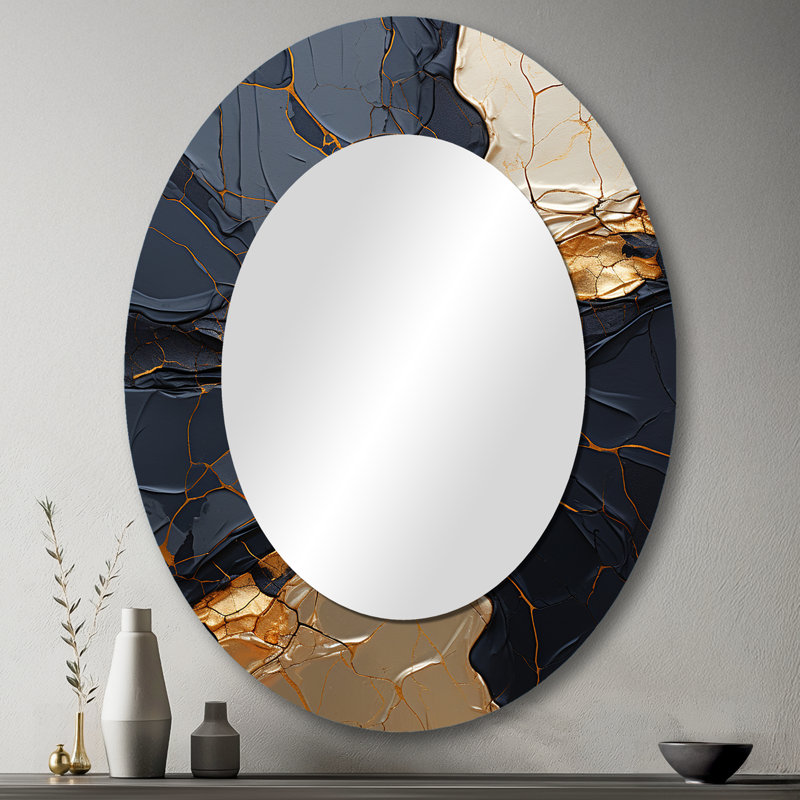 Minimalism Chrome Gold And Black Poteries II - Gold Oval Wall Mirror Decor, 43" x 33"