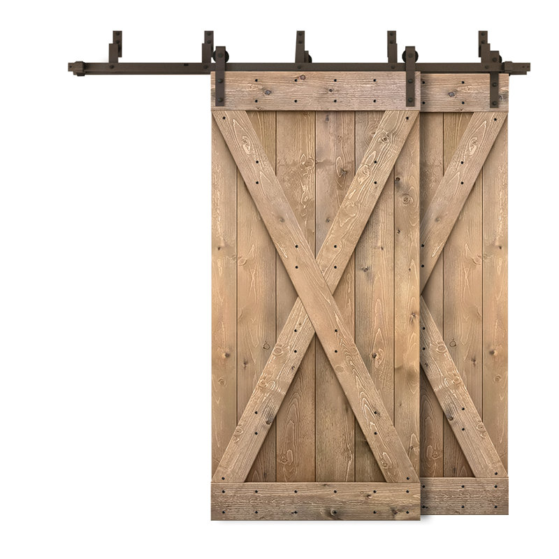 Porte de grange double à panneaux en bois teinté à panneau avec ensemble de quincaillerie coulissante, 60 po x 84 po