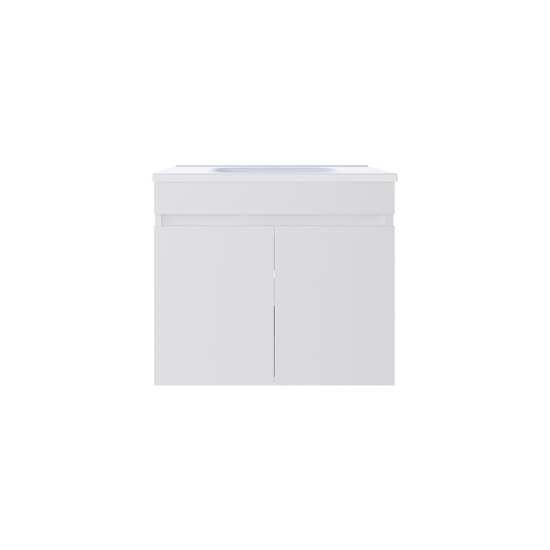 Meuble-lavabo flottant à deux portes Chaux, avec lavabo en résine et deux tablettes, rangement pour salle de bain, blanc