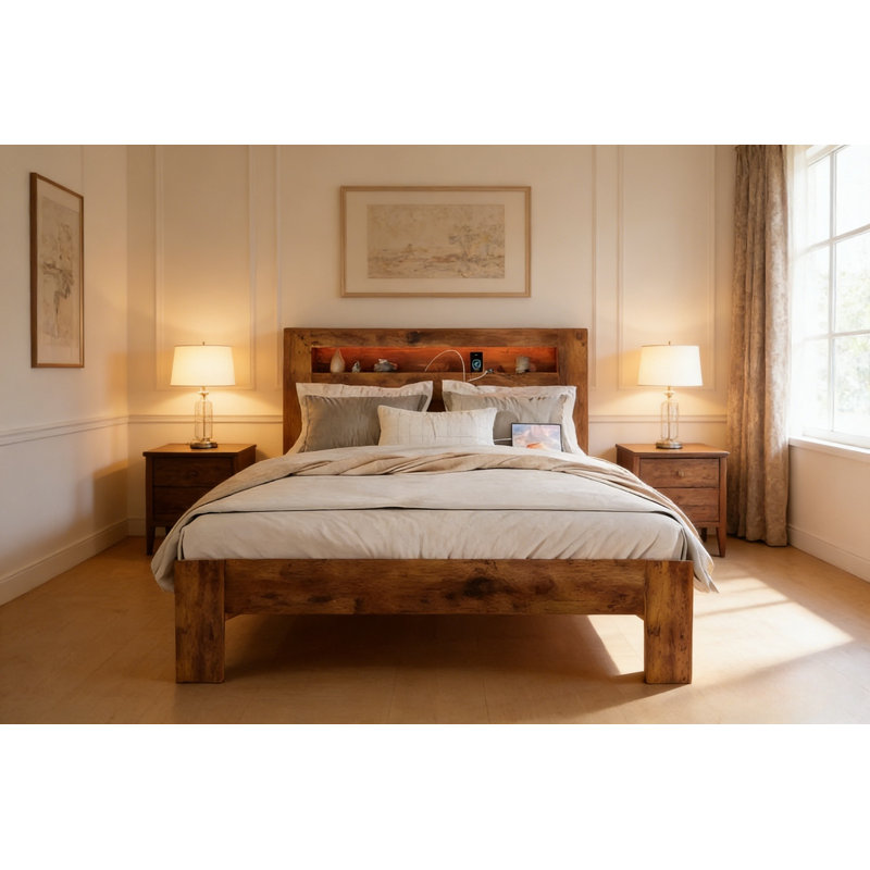 Structure de lit plateforme en bois avec tête de lit à DEL avec rangement et 2 ports USB, silencieux, sans sommier, Brun