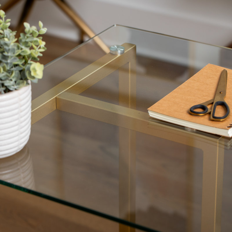 Clear Glass Top Desk with Polished Brass Frame for Home Office
