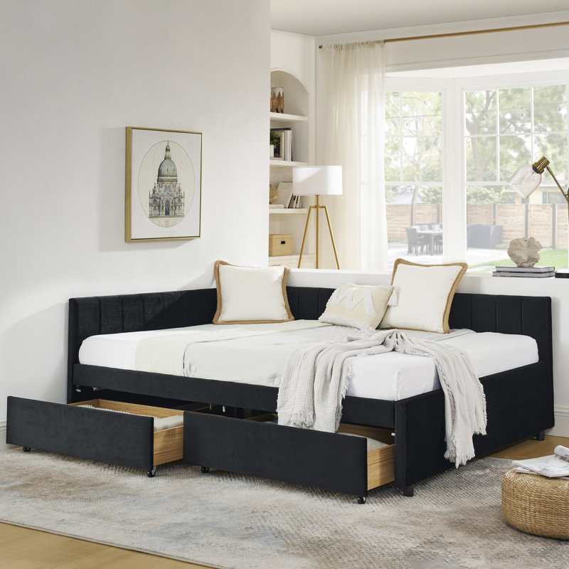 Black, Full Size, Daybed, Velvet Upholstery, Two Drawers, Comfortable , , Modern Style, Office Size Bed Frame With Storage Mid - Century For
