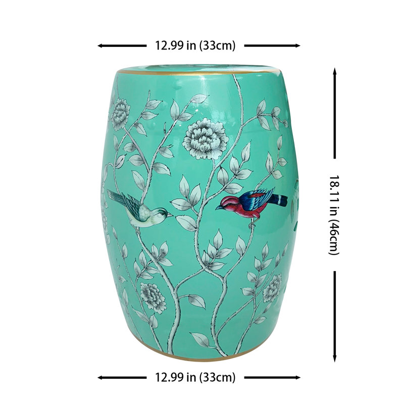 Teal Hydrangea and Bird Ceramic Garden Stool