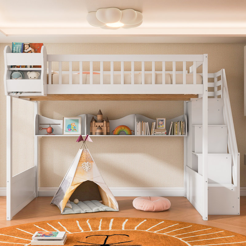 Queen Size Wooden Loft Bed with Staircase, Wardrobe, Storage Shelves, Under-Bed Space, White, White