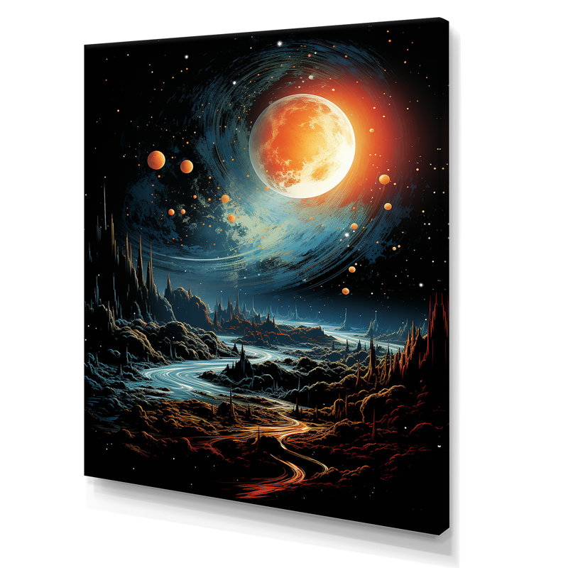 Orange et vert, planète I, espace, art mural, H 20 po x l 12 po x P 1 po, Toile tendue