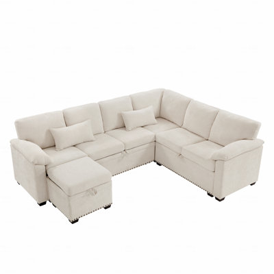 97” L-Shaped Chenille Sectional Sofa with Sleeper & Storage Ottoman – 7 Seats + 2 Pillows by Latitude Run