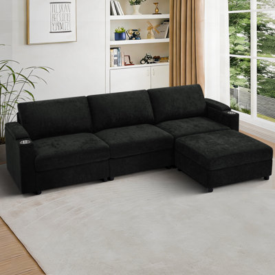 108" Chenille L-Shaped Couch With Movable Ottoman,Modular Sectional Sofa With Cup Holders,4-Seat Sofa With Storage Armrests For Living Room