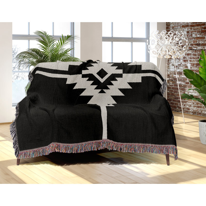 Couverture en mélange de coton Asko South Western, Noir/Blanc cassé, L 60 po x l 50 po