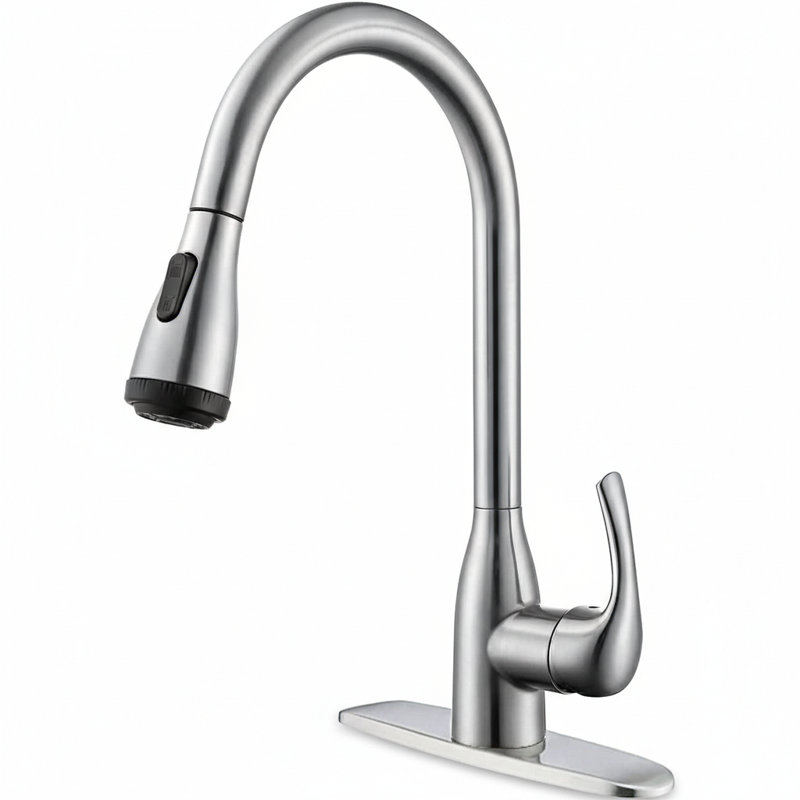 Modern High Arc Single Handle Pull-Down Kitchen Faucet with Deck Plate, Brushed Nickel