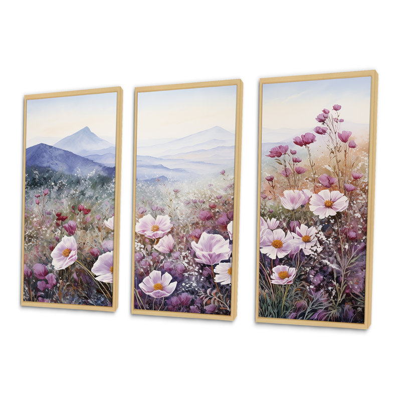 «Pink Roses Field In Mountain I», ensemble d'art mural sur toile Roses, Cadre naturel flottant, H 28 po x l 36 po x P 1 po