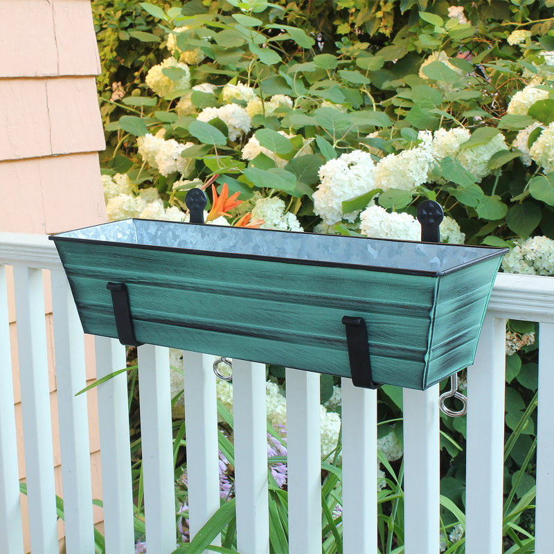Metal Window Box Planter, Green Patina, 8"H x 22"W x 8"D
