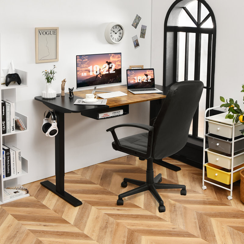 Dayesha Adjustable Metal Base Standing Desk, Black/Brown/Black