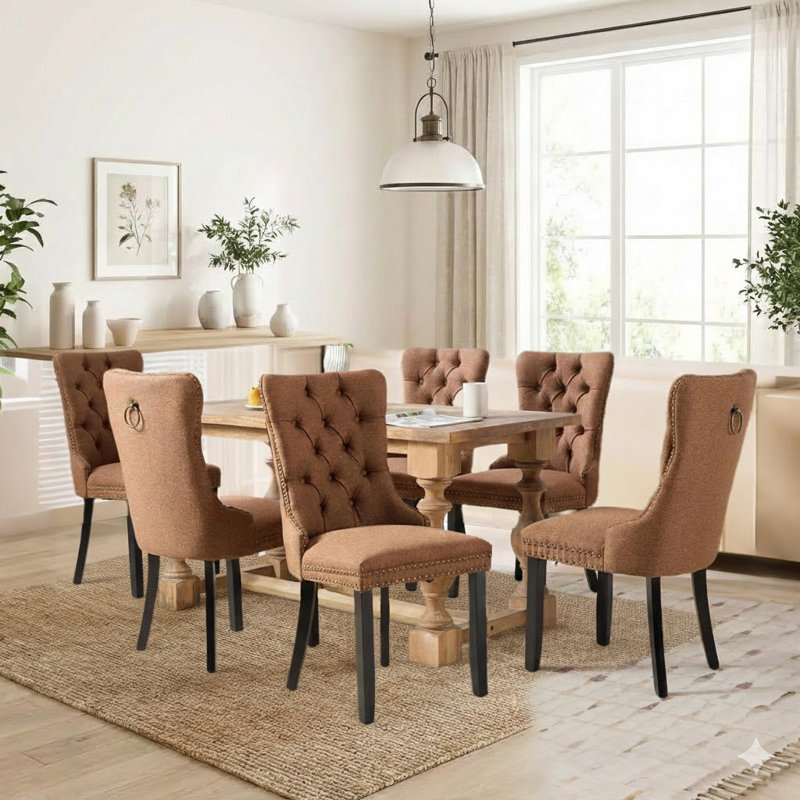 Chaise de salle à manger en velours capitonnée avec pieds en bois massif (ensemble de 6), Café