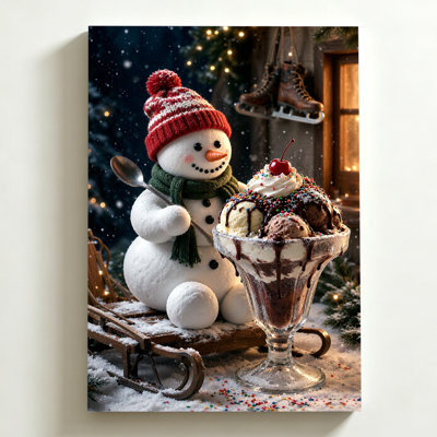 Snowman with Ice Cream Digital Illustration Christmas Canvas Wall Art, 20" x 30" Gallery Wrapped Canvas Print, Red & Cream Playful Holiday Wall Decor for Bedroom, Living Room & Nursery