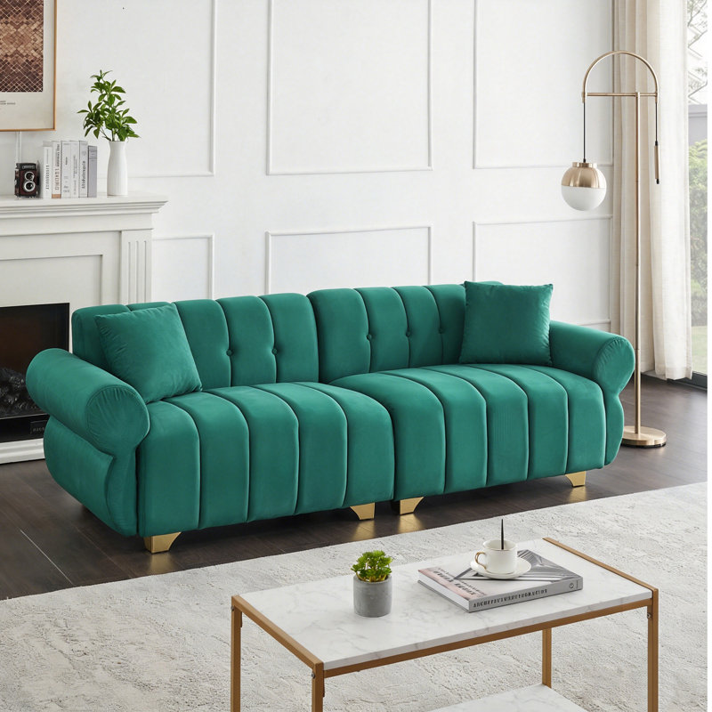 " modern 3-seater flannelette sofa | spring-wrapped cushions | stylish metal feet | 4 throw pillows | living room & bedroom