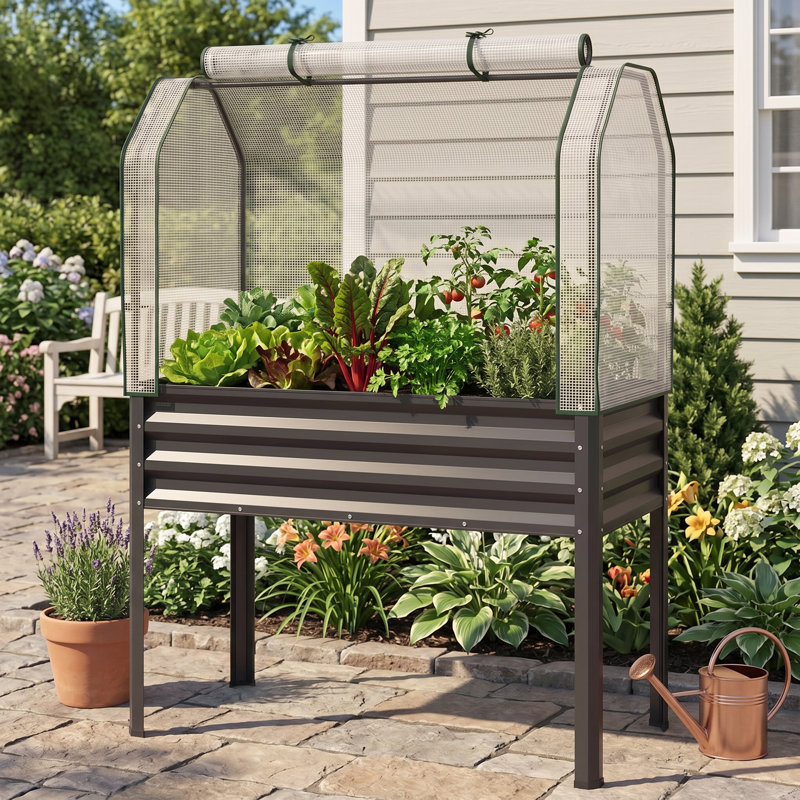 2-Pack Galvanized Rust-Proof Raised Garden Bed, Sturdy Elevated Legs & Detachable Transparent Greenhouse Cover, Pre-Drilled Drainage Holes Weather-Resistant Design