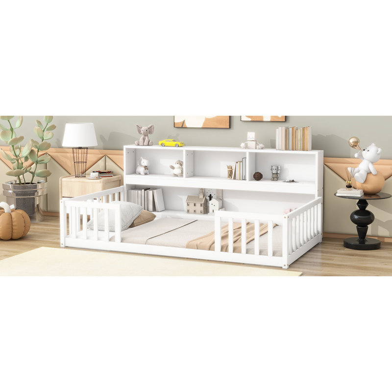 Bedroom White Twin Floor Bed With Shelves, Guardrail Opening And Bedside Bookcase & Accessibility In, Twin, White