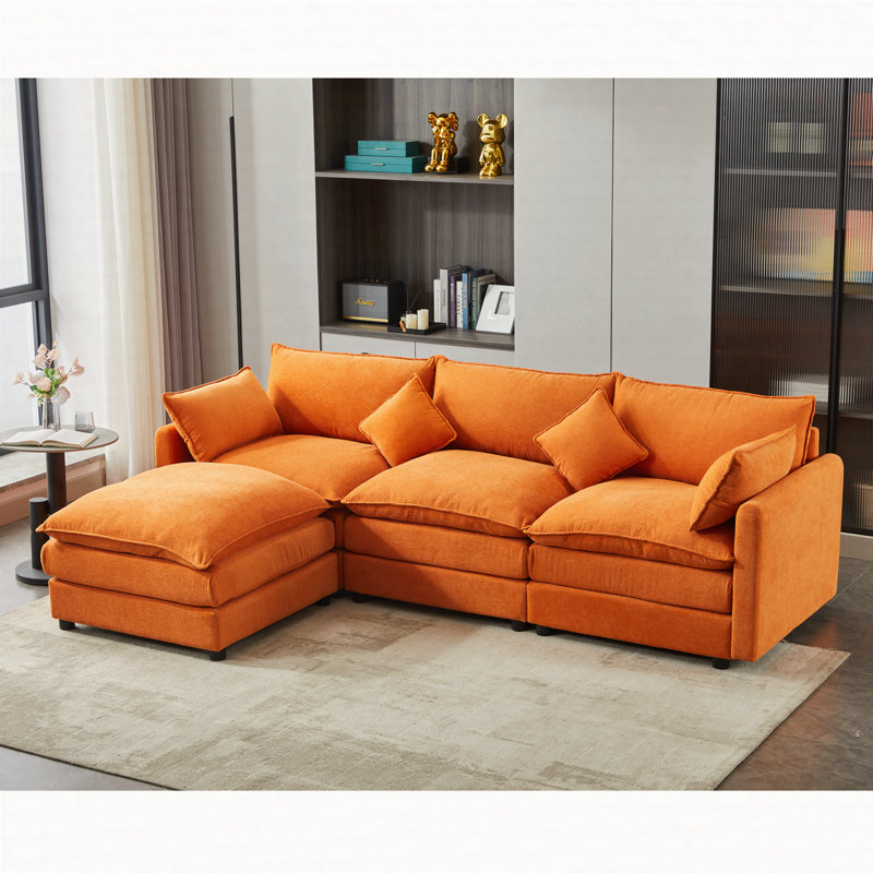 Modular Sectional Sofa, 3-Seater Sofa With Ottoman, Modern L-Shaped Sofa, Orange