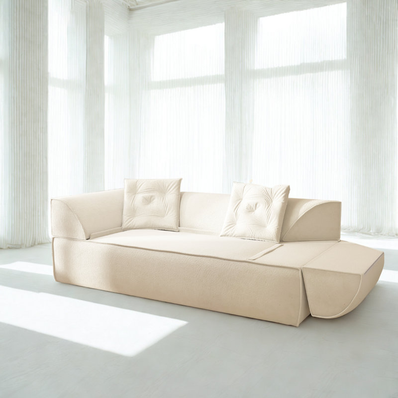 3-In-1 Convertible Sofa Bed, 79.5" Modern Deep Seat Couch With 2 Pillows, 3-Seater Sofa, Sparkling Chenille Fabric Sofa,Chaise Lounge For Living Room, Studio,Office,Beige.