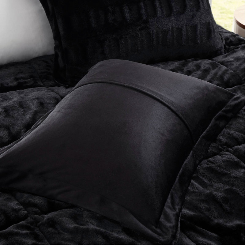 2 PCS Solid Faux Fur Comforter Mini Set Black, Twin Comforter + 1 Pillow Sham