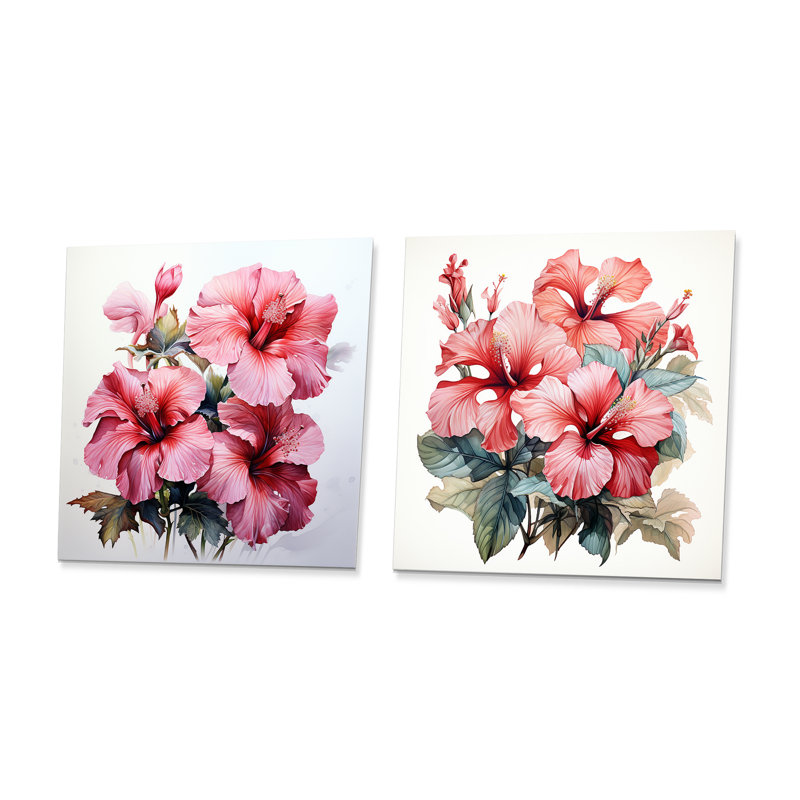 Hibiscus rose élégant tropical I - Hibiscus ensemble de 2 pièces carrées en métal, H 16 po x l 32 po