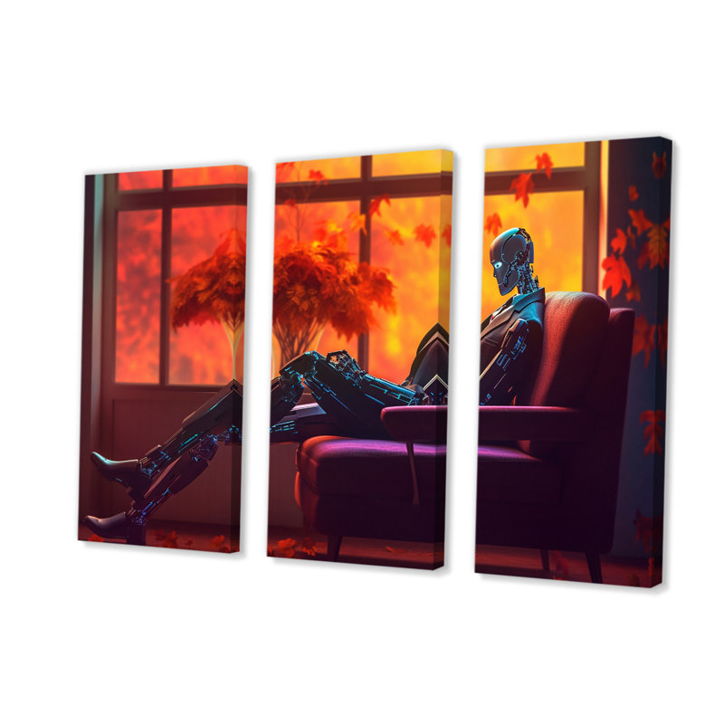 Stylish Humanoid Android Sitting On Couch I - Robot, reproduction d'art sur toile, H 28 po x l 36 po x P 1 po