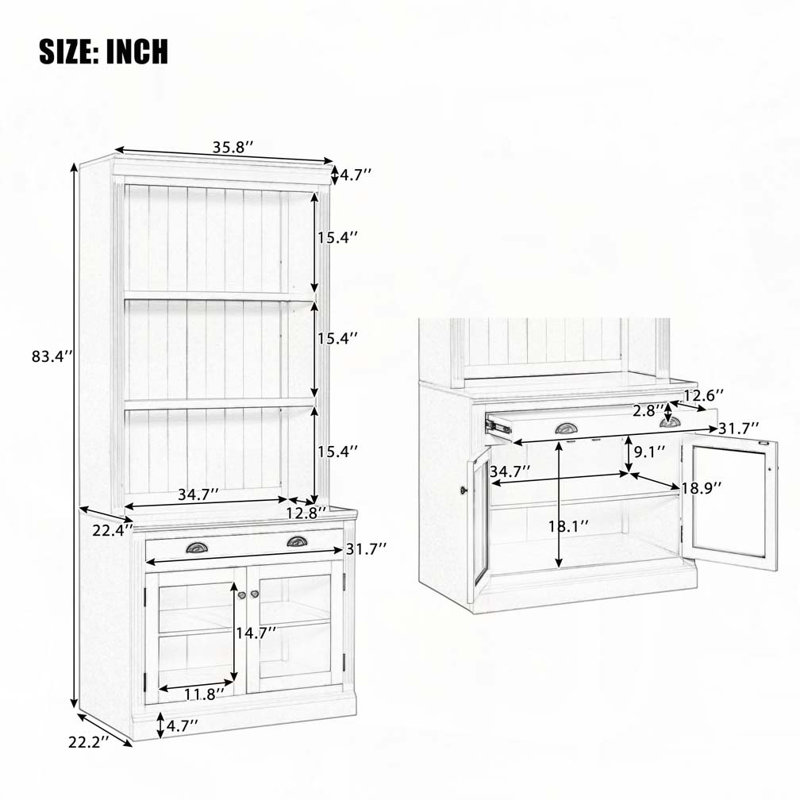 83.4"Tall Bookshelf, Modern Bookcase with 2 Glass Doors and 1 Drawer, White