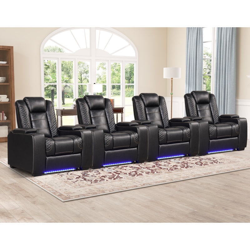 Fauteuil de cinéma maison inclinable électrique 39 po avec porte-gobelets à DEL USB (ensemble de 4), Similicuir noir