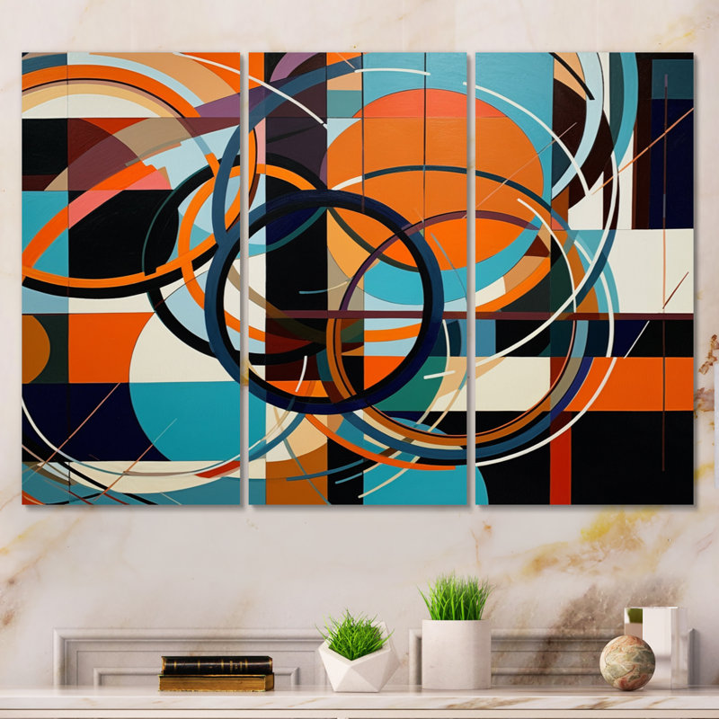 «Blue Orange Geometric Unleashed», reproduction sur toile tendue de 3 pièces, H 28 po x l 36 po x P 1 po