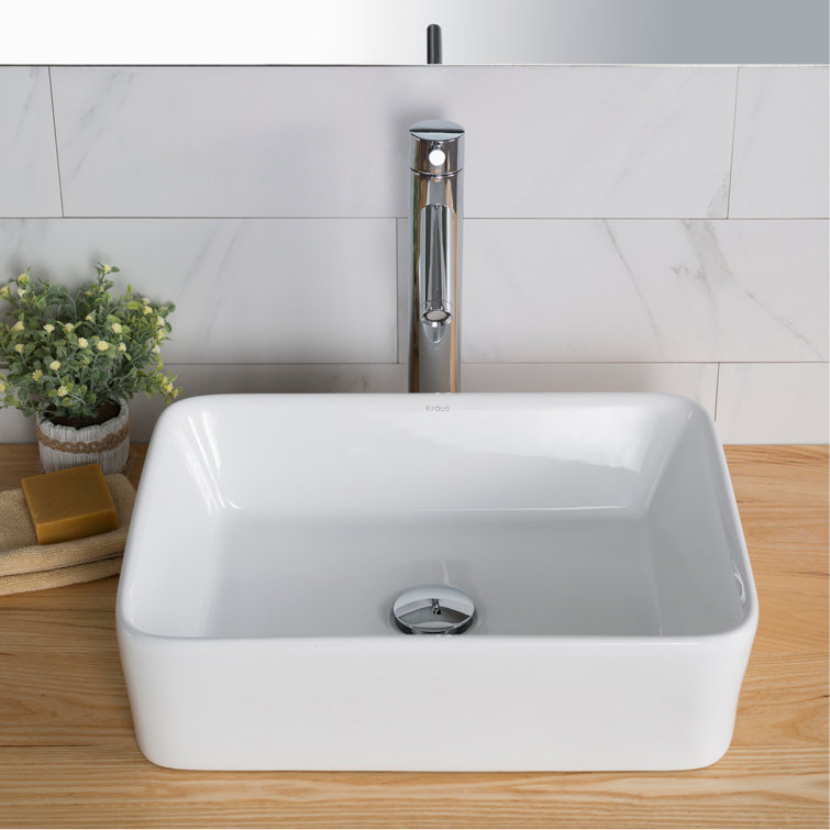 KRAUS Rectangular Ceramic Bathroom and Ramus Single Handle Sink Faucet with Pop-Up Drain