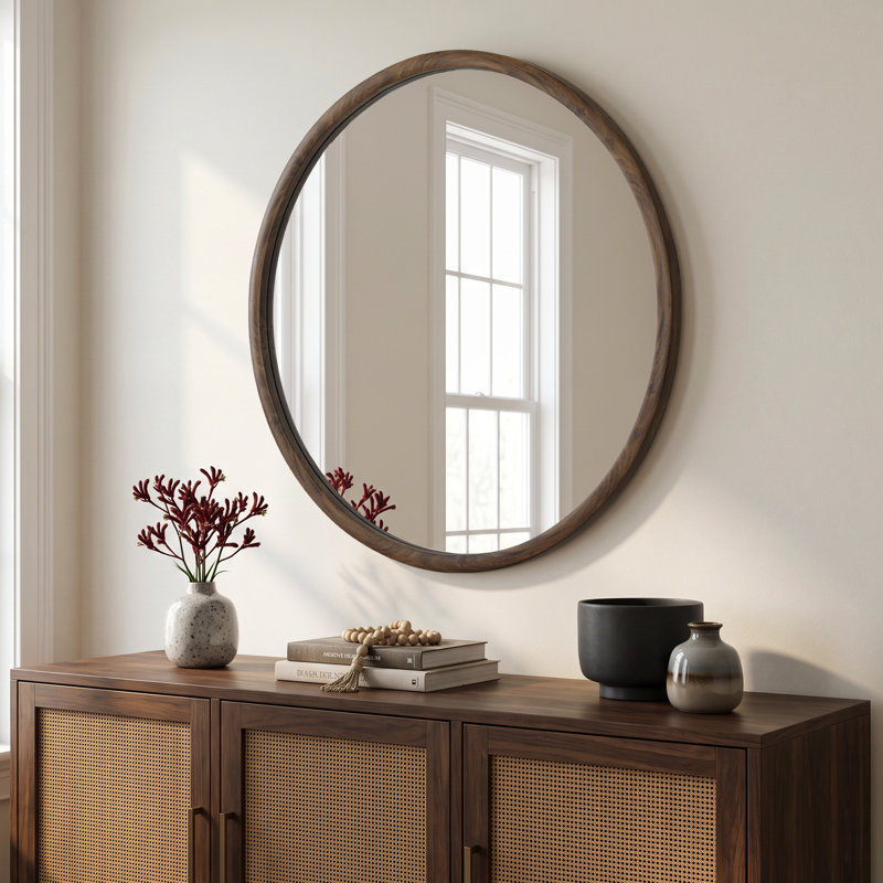 Miroir décoratif rond avec cadre texturé grain de bois, miroir de salle de bain mural, 36"