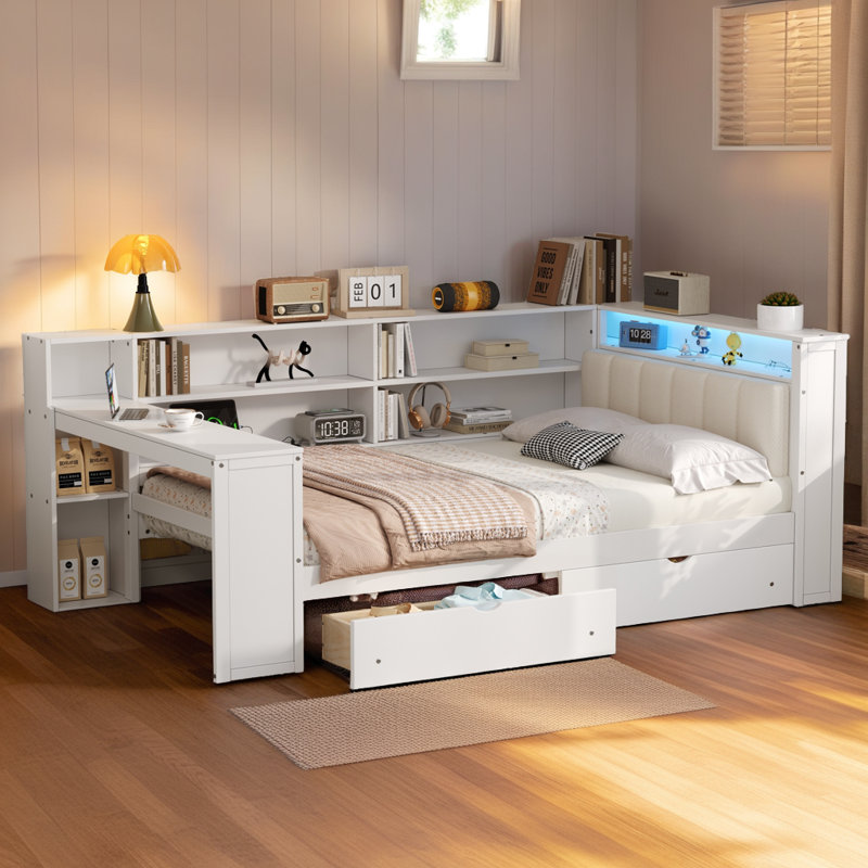 Lit plateforme double multifonctionnel avec fonctions intelligentes, Blanc