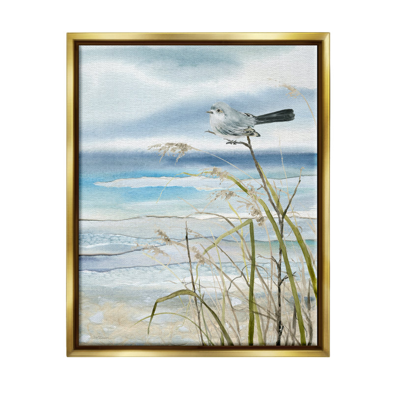 Oiseau et plage abstraite par Carol Robinson, Cadre flottant métallique doré, H 21 po x l 17 po x P 1,7 po