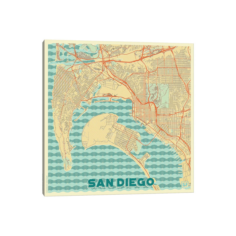 San Diego Retro Urban Blueprint Map 1 Piece Wrapped Canvas Wall Art, 93.98 cm H x 93.98 cm W x 1.91 cm D