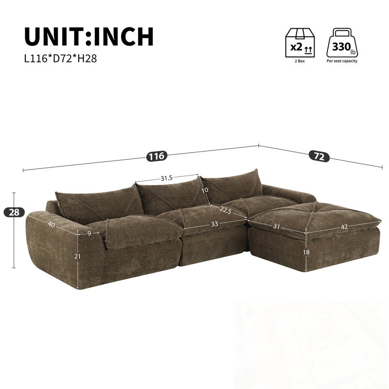 Canapé modulaire en L avec repose-pieds mobile et coussin moelleux, Brun