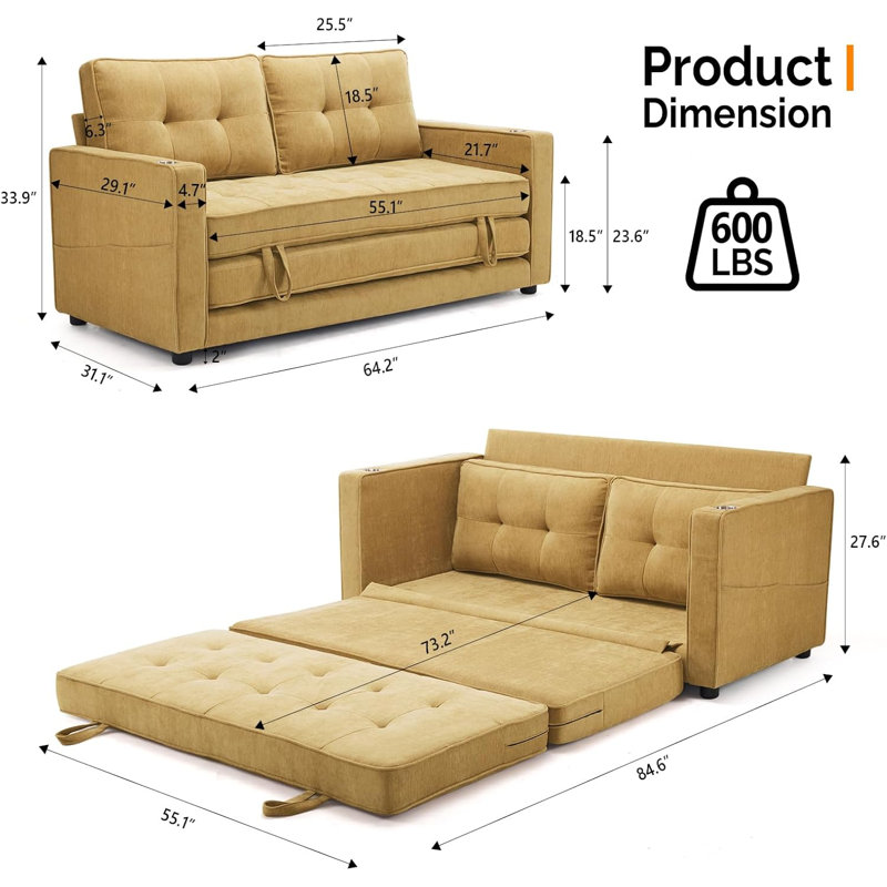 Deymi 64.2" Sleeper Sofa sofa bed, Yellow Chenille