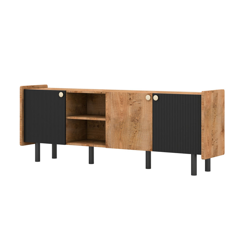 Meuble télé Mid-Century avec 3 armoires, centre de divertissement avec rangement et gestion des câbles, Noir / brun