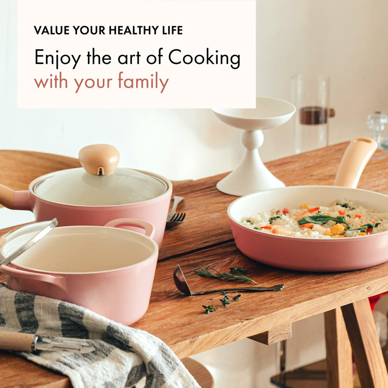 Pink Nonstick Aluminum 5-Piece Cookware Set with Glass Lids